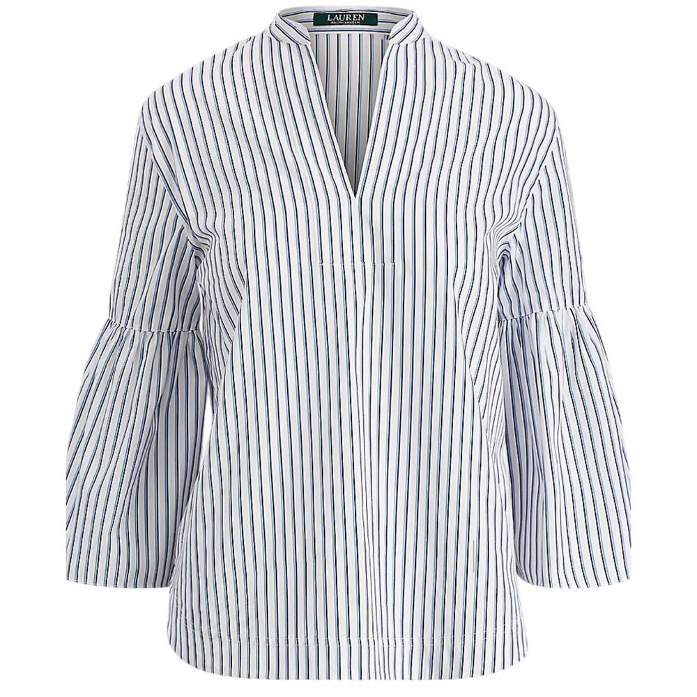 Ralph Lauren White and Navy Striped V-Neck Bell Sleeve Blouse